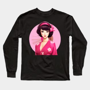 Japanese girl Geisha vintage retro modern pin-up woman in kimono Long Sleeve T-Shirt